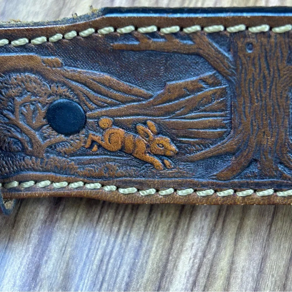 Vintage Deerslayer Hand Tooled Leather Belt Woodland Scene Made in USA - Size 56